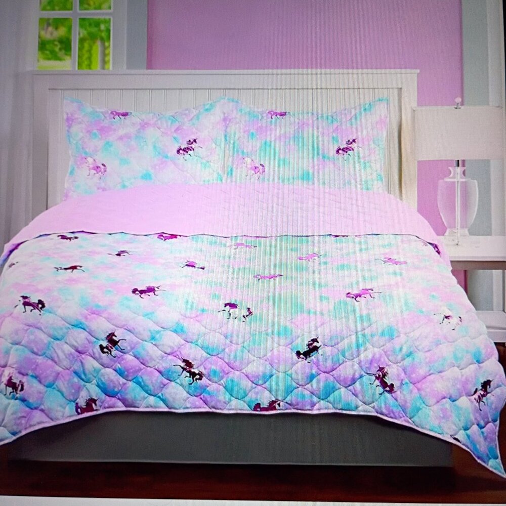 NWB/Kids Rule/Pink & Blue Cotton Candy, 2pc Twin Size Quilt W/Metallic Unicorns